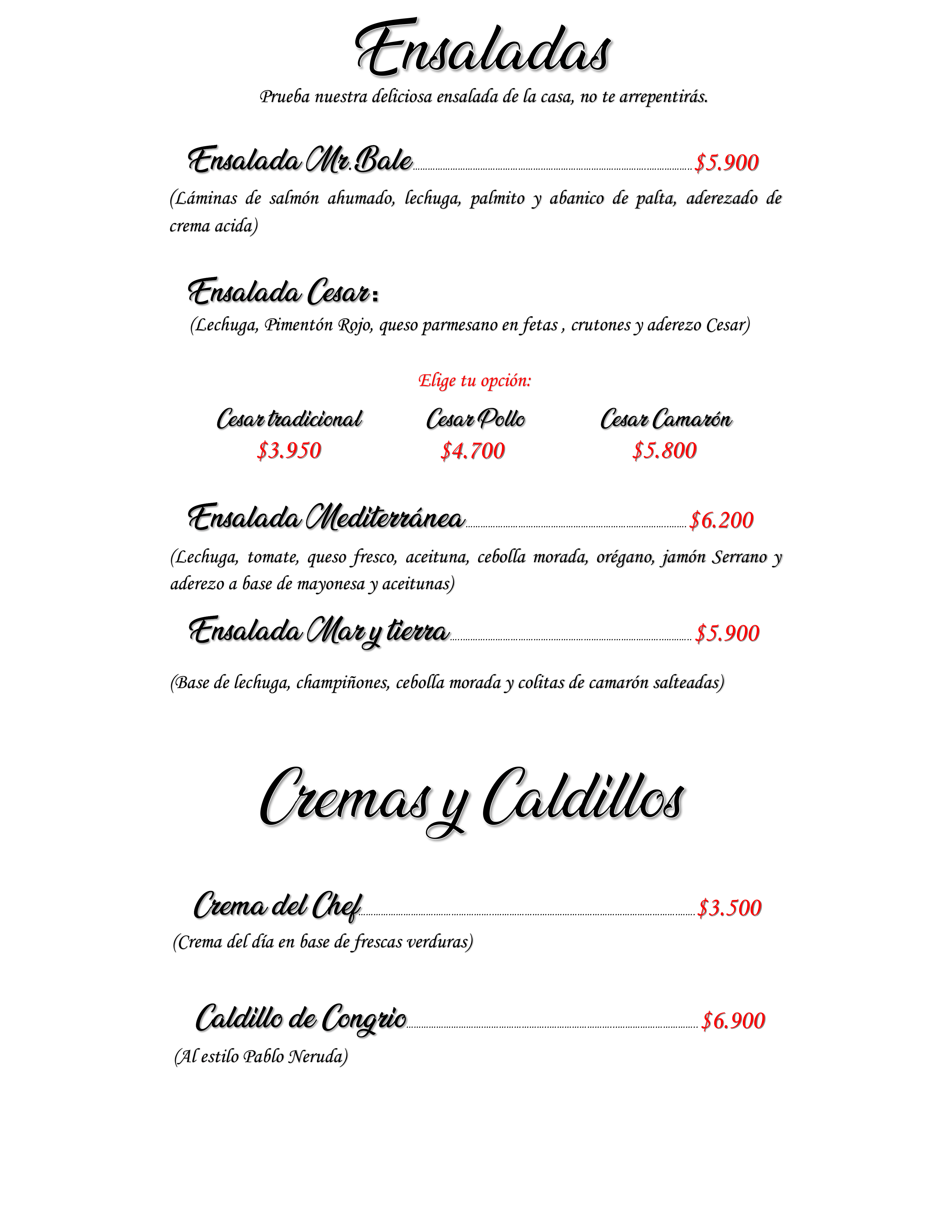 Carta de Mr.Bale Restaurant — página 2
